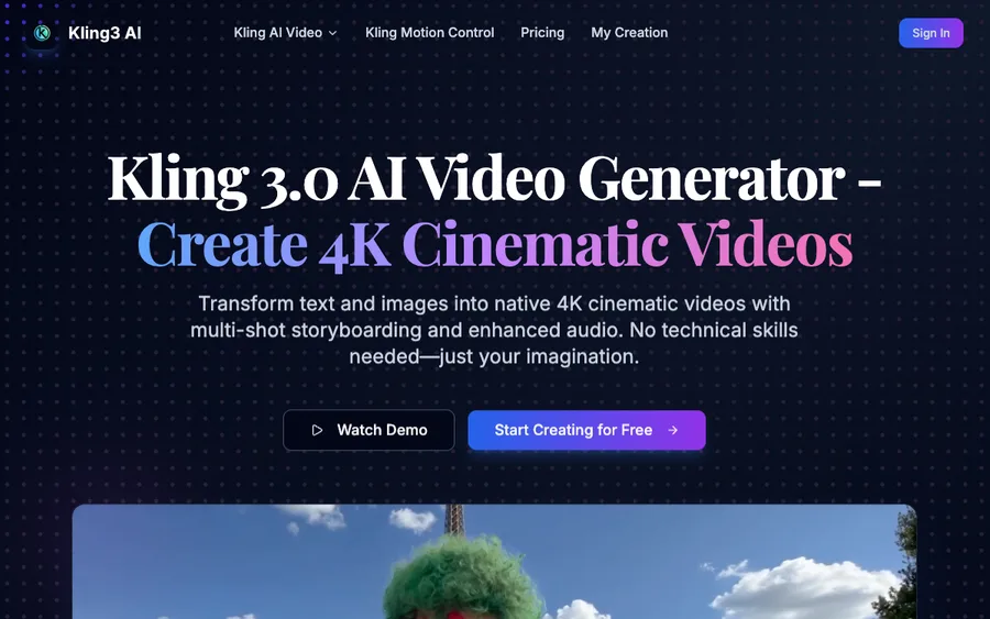 Kling 3.0 AI Video Generator website preview